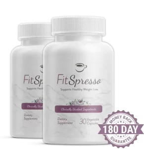 Fit Spresso 180-day money-back guarantee - Risk-free purchase with full refund if not satisfied. Includes image of bottles and 180-day guarantee seal.